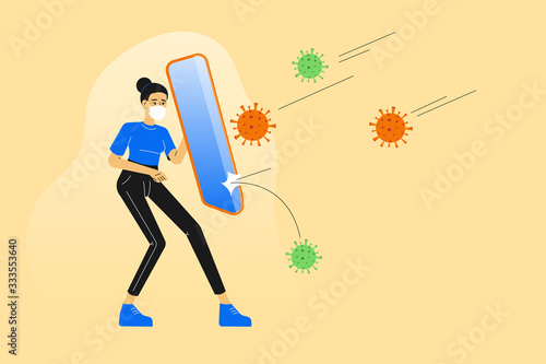 COVID-19 novel. Business woman or manager holding shield to protect himself from Coronavirus germs. Protection mask and quarantine. Business risk prevention from virus outbreak. Vector illustration