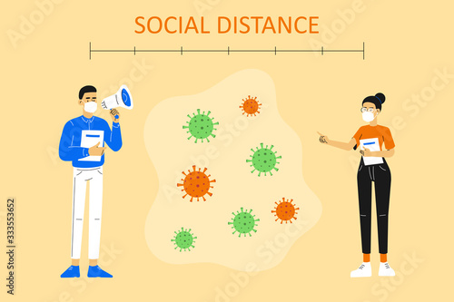 Social distancing concept. COVID-19. Businessman and woman keeping distance in public and meeting. Protection from coronavirus novel outbreak spreading. Vector illustration