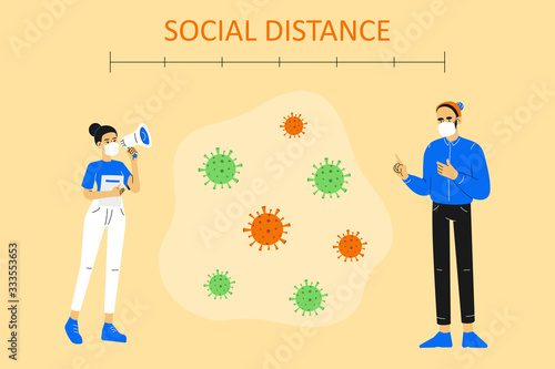 Social distancing concept. COVID-19. Businesswoman and man keeping distance in public and meeting. Protection from coronavirus novel outbreak spreading. Vector illustration