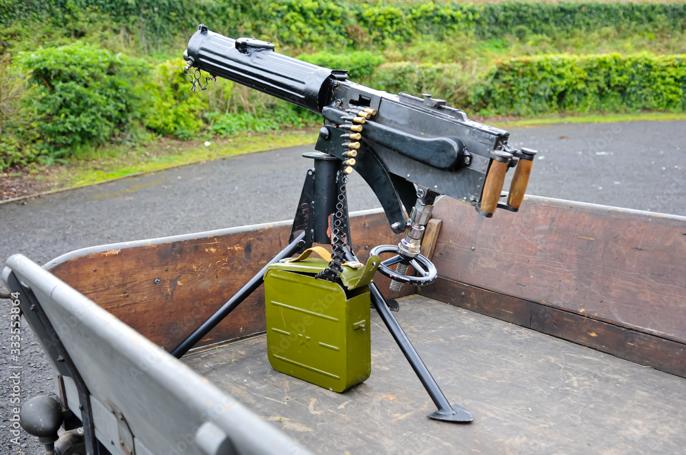 Vickers water cooled medium machine gun on the back of a truck, as used