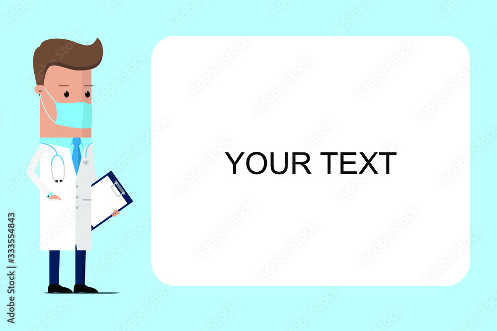 Doctor in medical protection mask with space for text. Male doctor in white lab coat with space for text. Vector illustration Doctor in medical protection mask with space for text. Male doctor in white lab coat with space for text. Vector illustration