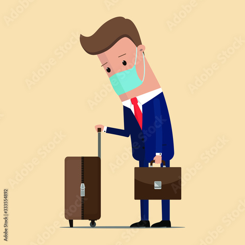 Flight cancelled due to coronavirus epidemic. Man with luggage in medical protection mask. Vector illustration.