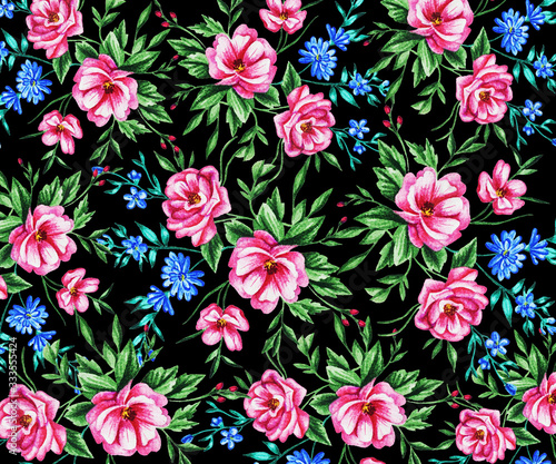 Watercolor pattern. Pink and blue bouquets of flowers on a black background. Idea for textiles.