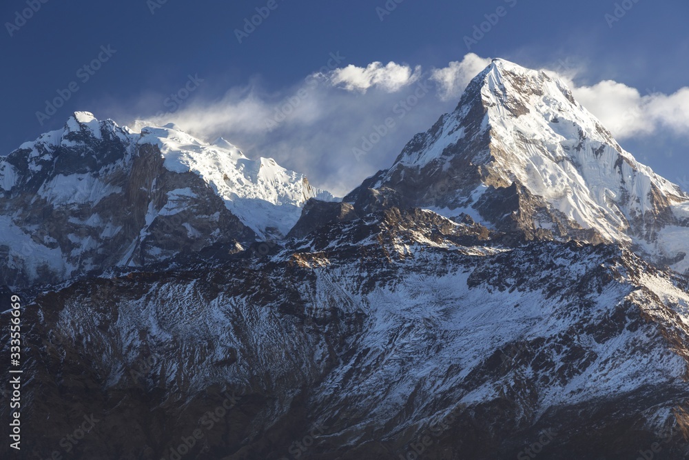 Scenic Landscape View of Snowy Annapurna Peak from Poon Hill in Nepal Himalaya Mountains