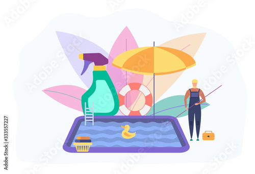 Pool Cleaning Company. Pool service, eco cleaning concept. Colorful vector illustration