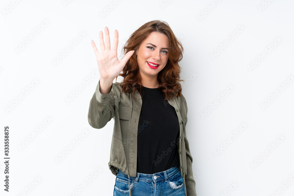 Young Russian woman over isolated white background counting five with fingers Young Russian woman over isolated white background counting five with fingers