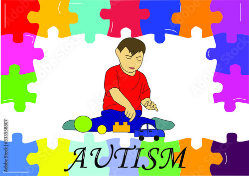  representación del día internacional de concientización sobre el autismo, el niño en el centro, rodeado de piezas de rompecabezas, sentado, jugando, con la palabra autismo en la parte inferior