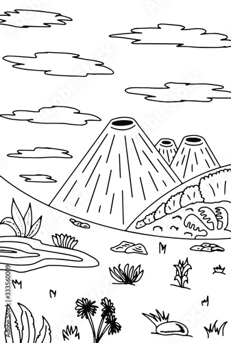 Coloring book for children on the theme of the life of dinosaurs in the tropics.