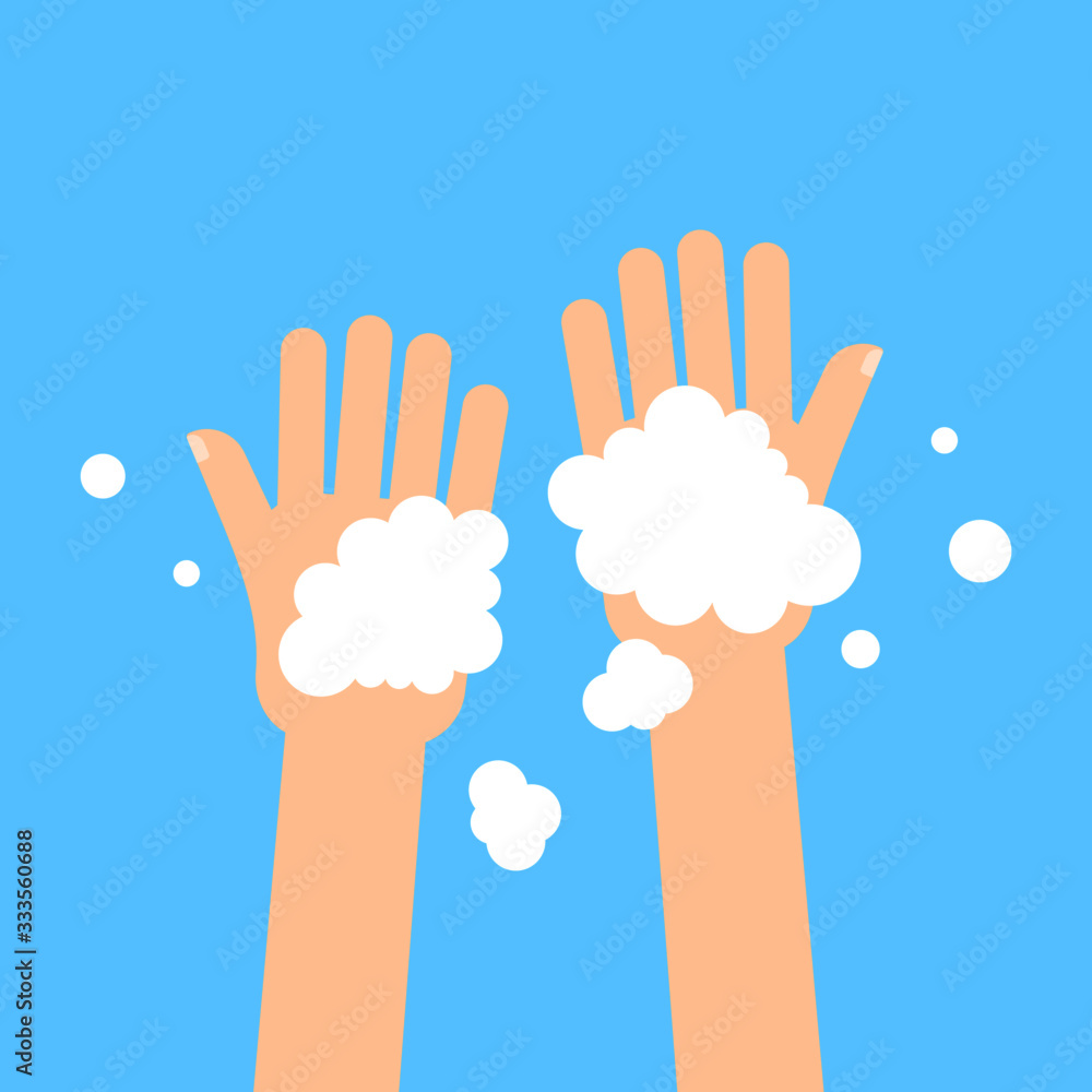 Washing hands with soap in flat style isolated on blue background. Vector illustration. Washing hands with soap in flat style isolated on blue background. Vector illustration.