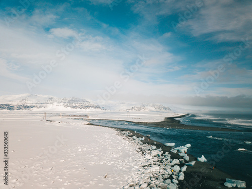 Ice rock with black sand beach at Jokulsarlon beach. Diamond beach in Iceland