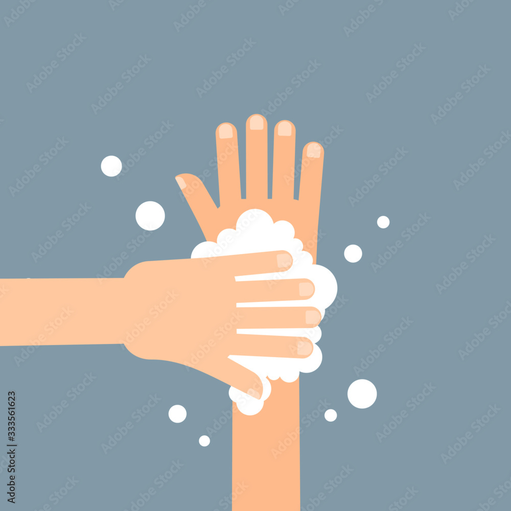 Washing hands with soap in flat style on gray background. Vector illustration. Washing hands with soap in flat style on gray background. Vector illustration.