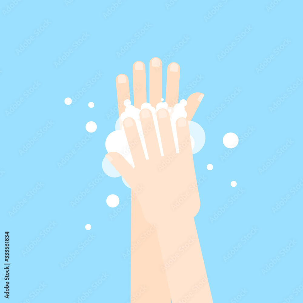 Washing hands with soap in flat style on blue background. Washing hands with soap in flat style on blue background.