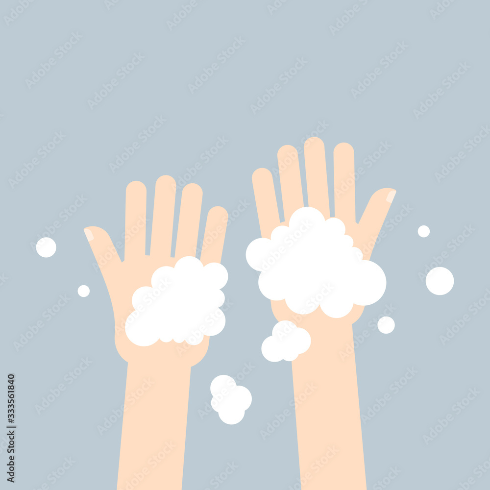 Fototapeta premium Washing hands with soap in flat style on gray background. 