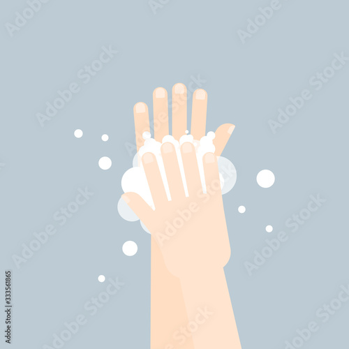 Washing hands with soap in flat style on gray background. 