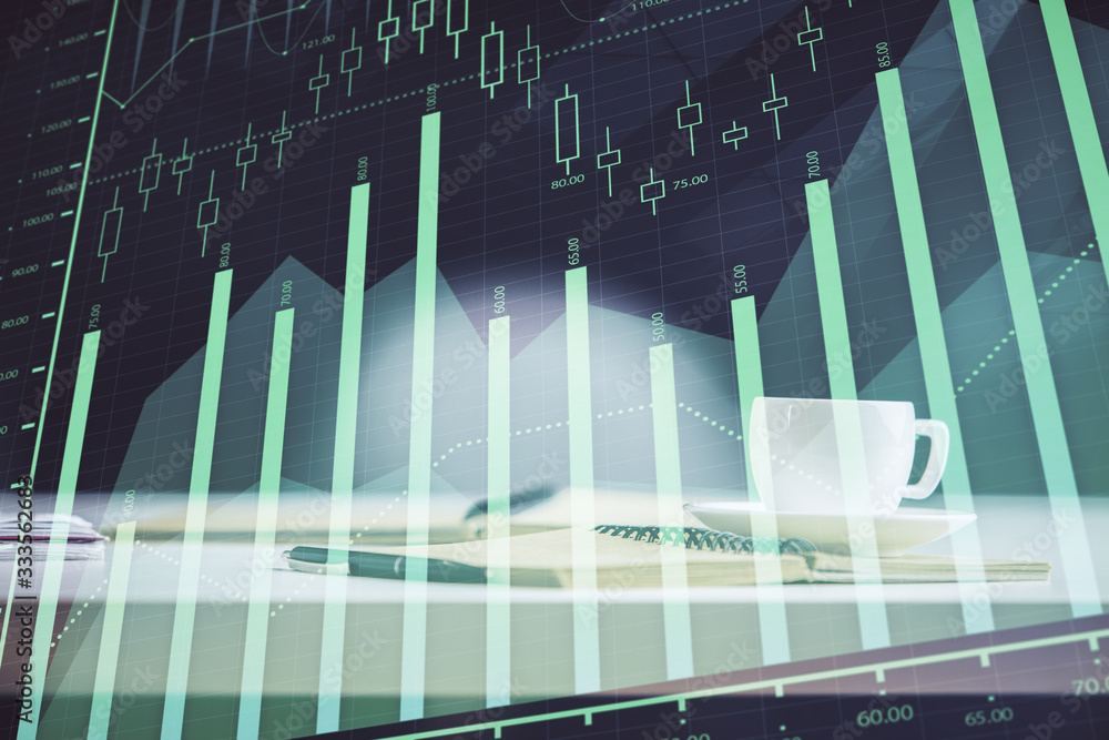 Multi exposure of forex graph drawing and desktop with coffee and items on table background. Concept of financial market trading Multi exposure of forex graph drawing and desktop with coffee and items on table background. Concept of financial market trading