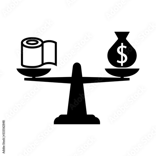  Weight icon with toilet paper, money. Scale dolar .Quarantine.