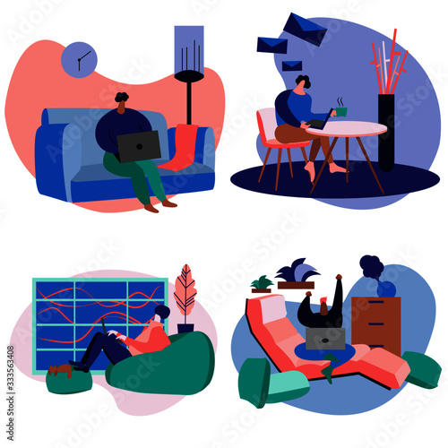Working from home, co working space, concept illustration. Young people, man and woman freelancers working at home. Vector flat style illustration stock illustration