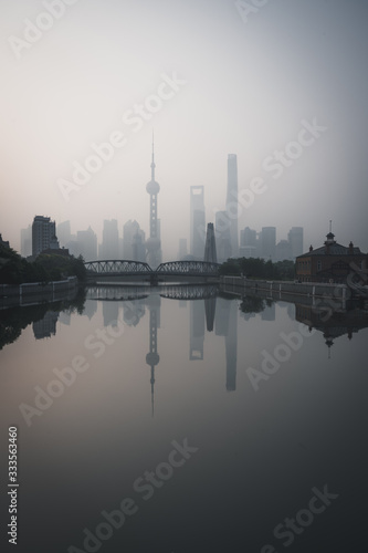 Panoramic Cityscape of Shanghai Skyline with beautiful reflection of buildings
