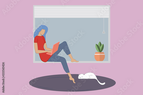 Young woman working at home on laptop in the living room. A woman sitting on a window and typing on the computer. Vector illustration with working home and quarantine concept. Flat design style