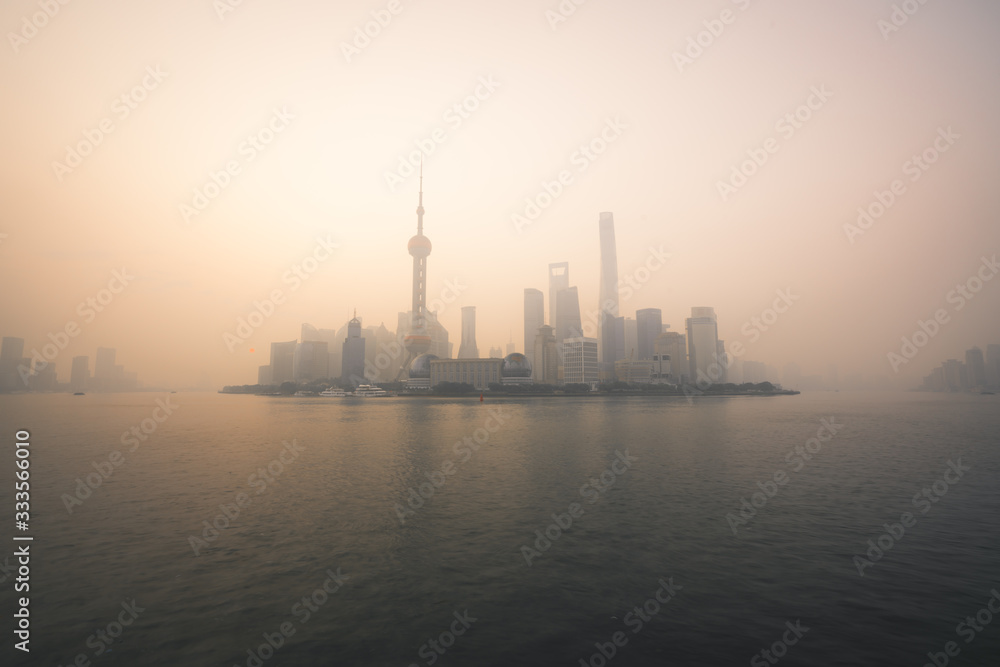 Sunrise Panoramic Cityscape of Shanghai Skyline with orange skies