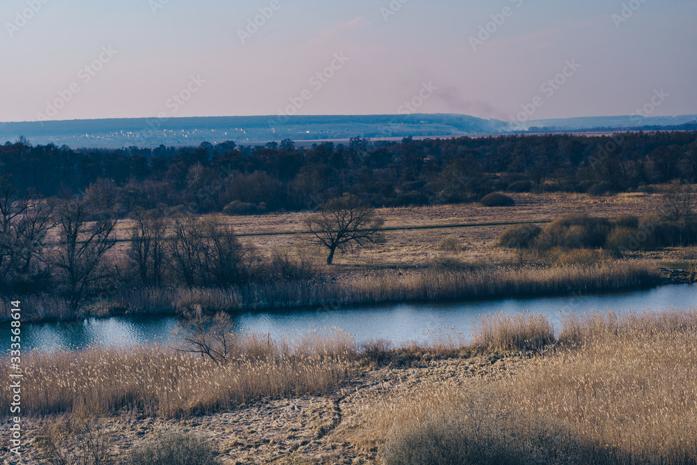 A quiet river in a green rural area. Beautiful landscape with a river with calm water, located next to a spring forest in nature