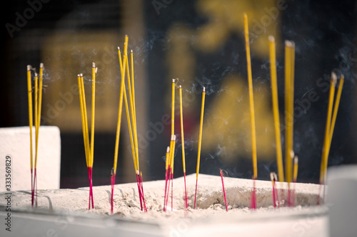 Prayer incense sticks burn in a Buddhist Temple in Hong Kong.