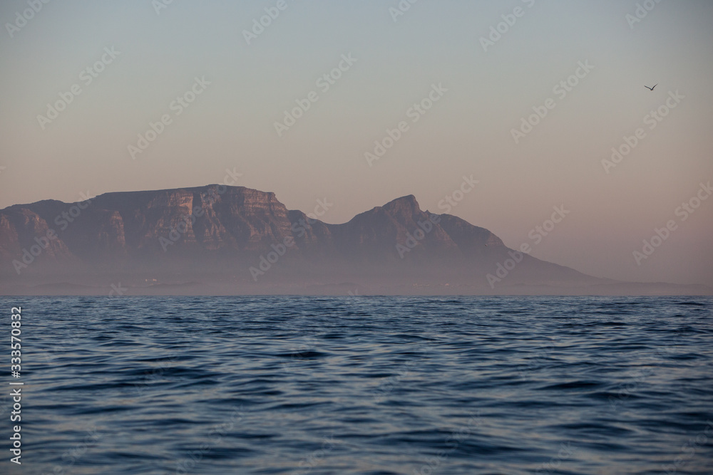 Early morning light shines on the dramatic coastline of False Bay, South Africa. This beautiful region is known for its fisheries, whales, and seasonal aggregation of Great White Sharks.