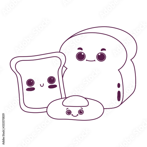 cute food breakfast slice bread and fried egg sweet dessert pastry cartoon isolated design line style