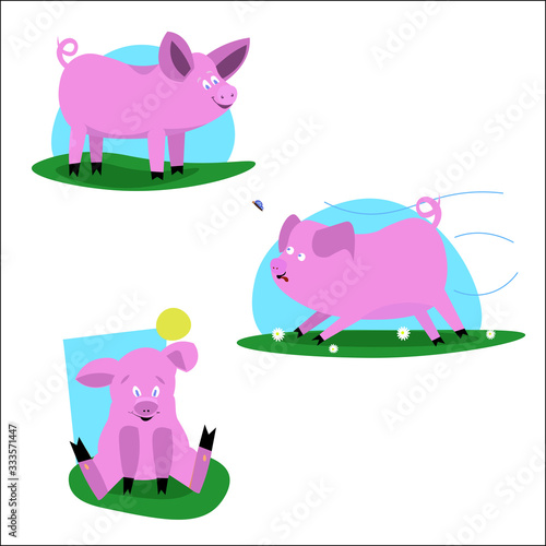 Included are cute illustrations with a mini pig in various poses. illustration isolated on white background. © Dmitry Zaryov
