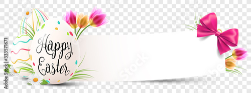 Happy easter paper banner with easter eggs and flowers transparent isolated