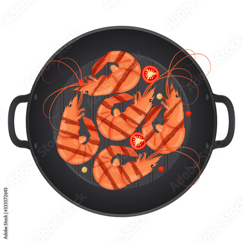 Grilled shrimp. Tiger prawn. Shrimps in a pan with chili peppers, isolated on white background. Sea food nutrition concept. Vector illustration.