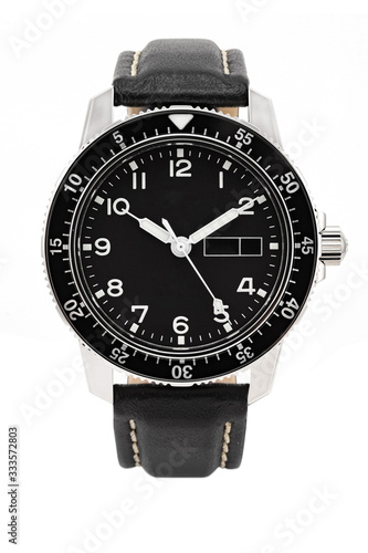 expensive modern watches. black dial, black leather strap. isolated on a white background