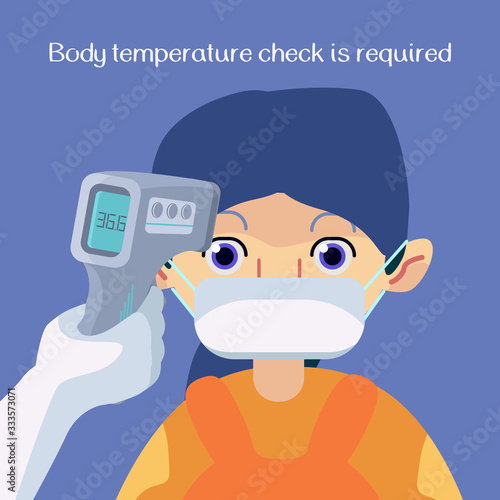 Temperature check text on blue backdrop. Woman in mask for social banner or propaganda, hygiene promotion, medical poster. Chemist shop logo or info card. Cartoon style stock vector illustration