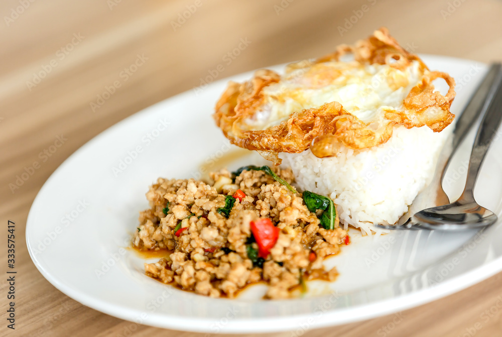 Rice with stir fried chicken and fried egg on white plate Rice with stir fried chicken and fried egg on white plate