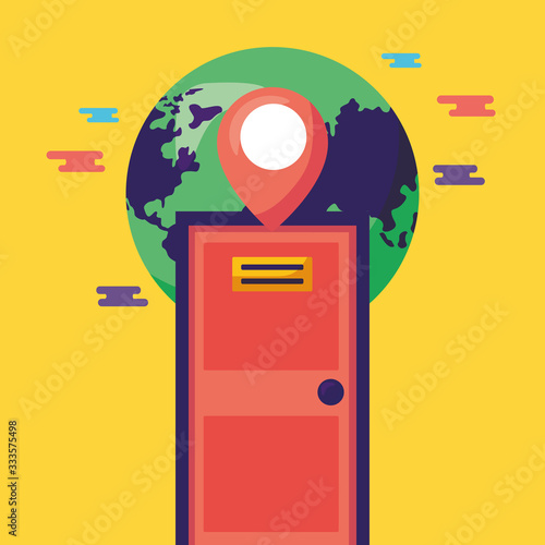 logistic delivery service with house door and world planet