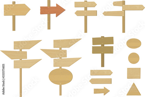Vector illustration of various wooden standing arrows, signboard and signposts.