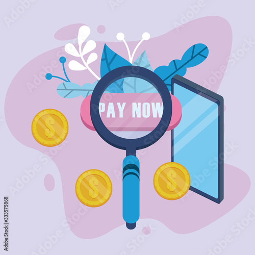 payment online technology with smartphone and magnifying glass