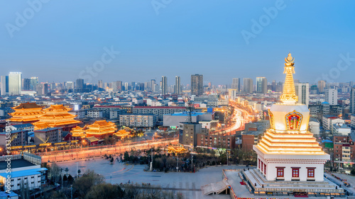 Obraz na plátně Night view of Guanyin Temple and Baoerhan Stupa in Hohhot City, Inner Mongolia