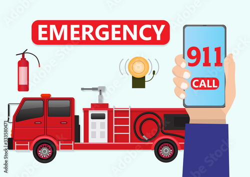 Fire truck service. 911 urgent fire station emergency call.