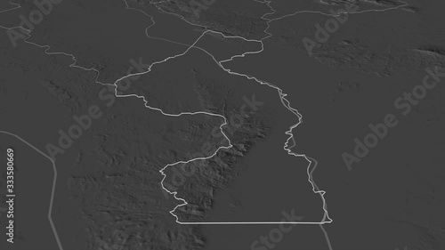 Nsanje, district with its capital, zoomed and extruded on the bilevel map of Malawi in the conformal Stereographic projection. Animation 3D photo