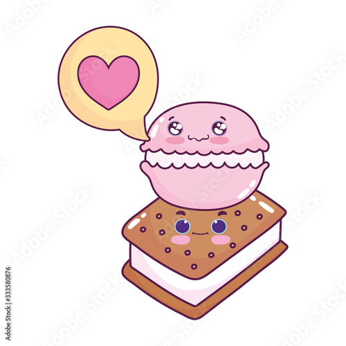 cute food ice cream macaroon love heart sweet dessert pastry cartoon isolated design