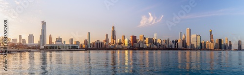 Panorama Chicago downtown skyline sunset Lake Michigan with most Iconic building from Adler Planetarium © nuinthesky