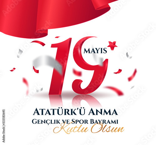 19 May Beginnig of the Turkish war of Independence, Youth and Sports Day holiday celebration card design. Vector Illustration. Trranslation Commemoration of Ataturk Youth and Sports Day. photo