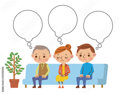 病院・歯科医院の待合室で不安な表情で待つ患者3人（フキダシ枠あり）