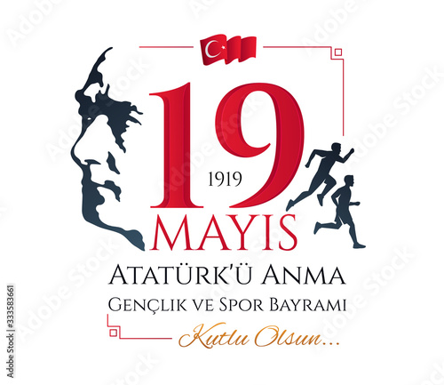Turkey 19 May. Translation commemoration of Ataturk, Youth and Sports Day. Vector design for a posters or cards showing silhouettes of young athletes with red and black text