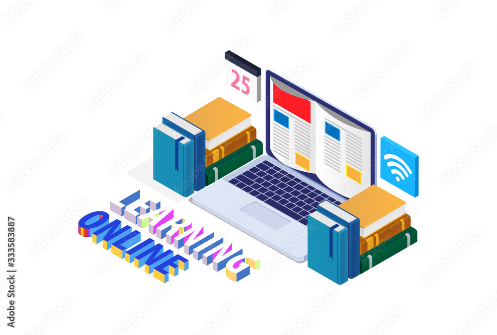 Modern Isometric Online education concept With Laptop, Suitable for Diagrams, Infographics, Game Asset, And Other Graphic Related Assets 