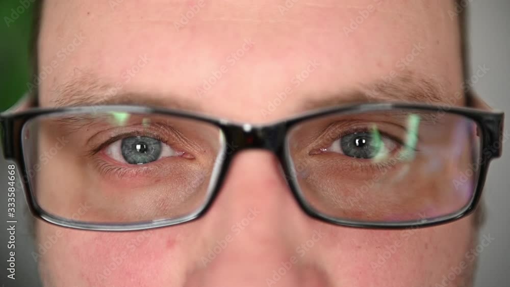 Eyes of a man in glasses close-up. There are emotions on the face. Facial muscles Eyes of a man in glasses close-up. There are emotions on the face. Facial muscles