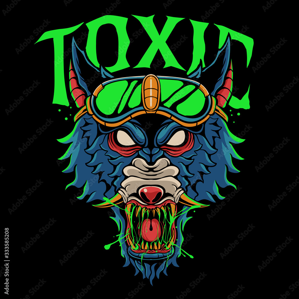Angry wolf head illustration. Toxic wolf vector art for poster, sticker or t-shirt design