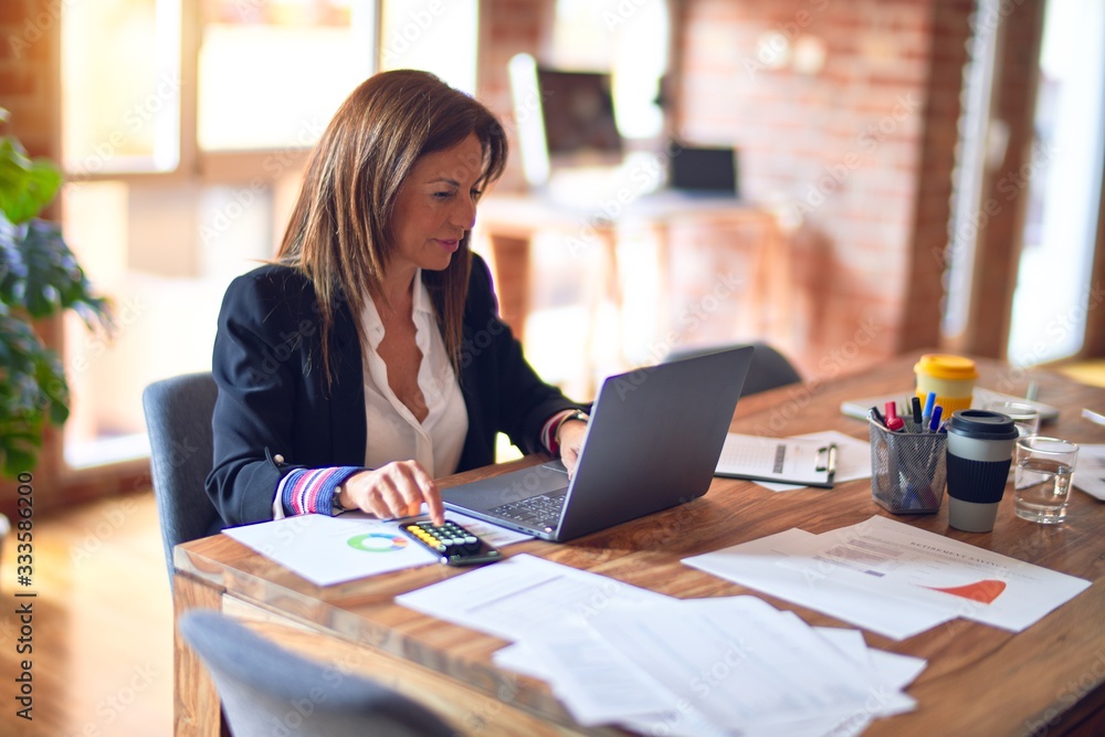 Middle age beautiful businesswoman smiling happy and confident. Sitting on chair working in a desk using laptop at the office Middle age beautiful businesswoman smiling happy and confident. Sitting on chair working in a desk using laptop at the office