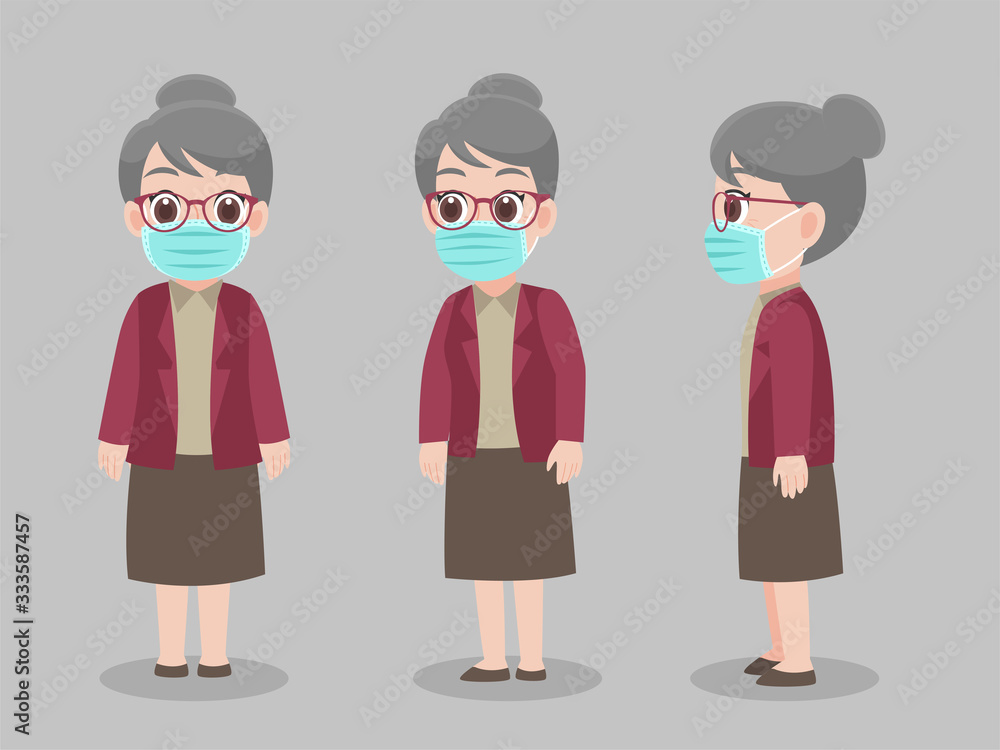 Set of Character grandmother wearing protective Medical mask for prevent virus Wuhan Covid-19.Corona virus, people wearing a surgical mask. Health care concept Set of Character grandmother wearing protective Medical mask for prevent virus Wuhan Covid-19.Corona virus, people wearing a surgical mask. Health care concept